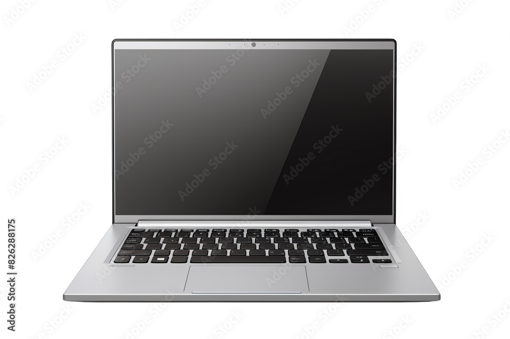 Modern silver laptop with a blank screen isolated on white background, suitable for technology, business, and digital themes. Modern silver laptop with a blank screen isolated on white background, suitable for technology, business, and digital themes.