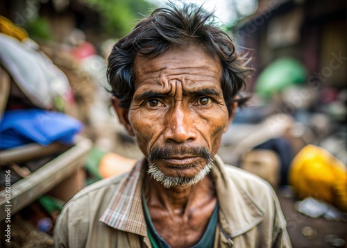 Poverty and Resilience: Old Asian Man in Slum Area