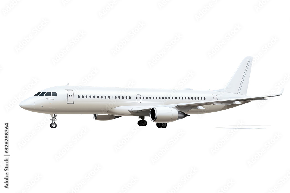 Side view of a commercial airplane in flight with a white background. Perfect for travel, aviation, and transportation topics. Side view of a commercial airplane in flight with a white background. Perfect for travel, aviation, and transportation topics.