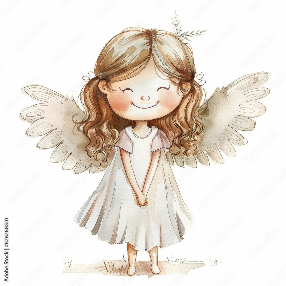 Cute cartoon character angel with wings. Nursary art.