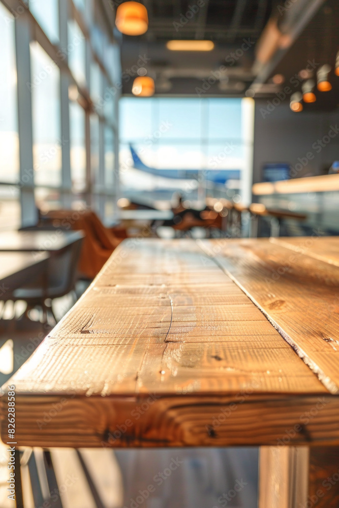 A wooden table in the foreground with a blurred background of an airport lounge. The background includes comfortable seating, large windows with views of airplanes, travelers relaxing or working A wooden table in the foreground with a blurred background of an airport lounge. The background includes comfortable seating, large windows with views of airplanes, travelers relaxing or working