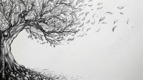 Intricate Charcoal Illustration of Tree with Falling Leaves for Commercial Art Use
