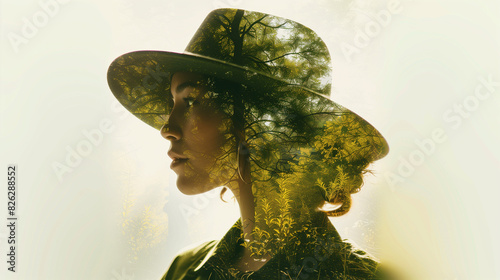 A double exposure illustration featuring a woman wearing a hat, blended with a lush green spring forest evocatively symbolizes her deep connection with nature, embodying qualities of growth, vitality. photo