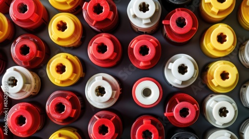 Sixteen RCA plugs in red yellow and white colors placed separately photo