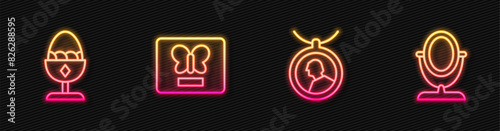Set line Locket on necklace, Chicken egg stand, Butterfly in frame and Round makeup mirror. Glowing neon icon. Vector
