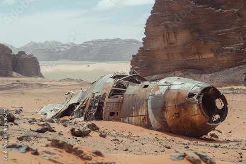 Fototapeta Naklejka Na Ścianę i Meble -  Abandoned spaceship lies in ruins amid the vast dunes and rocky terrain of a desert