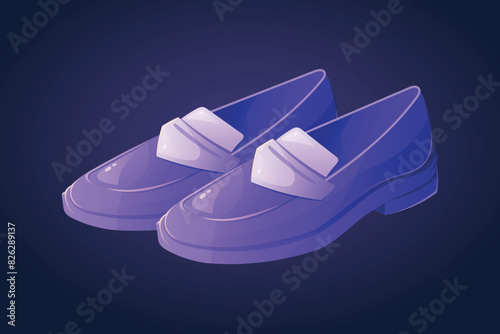 Fashionable purple women's shoes, leather elegant loafers. Vector isolated cartoon illustration.