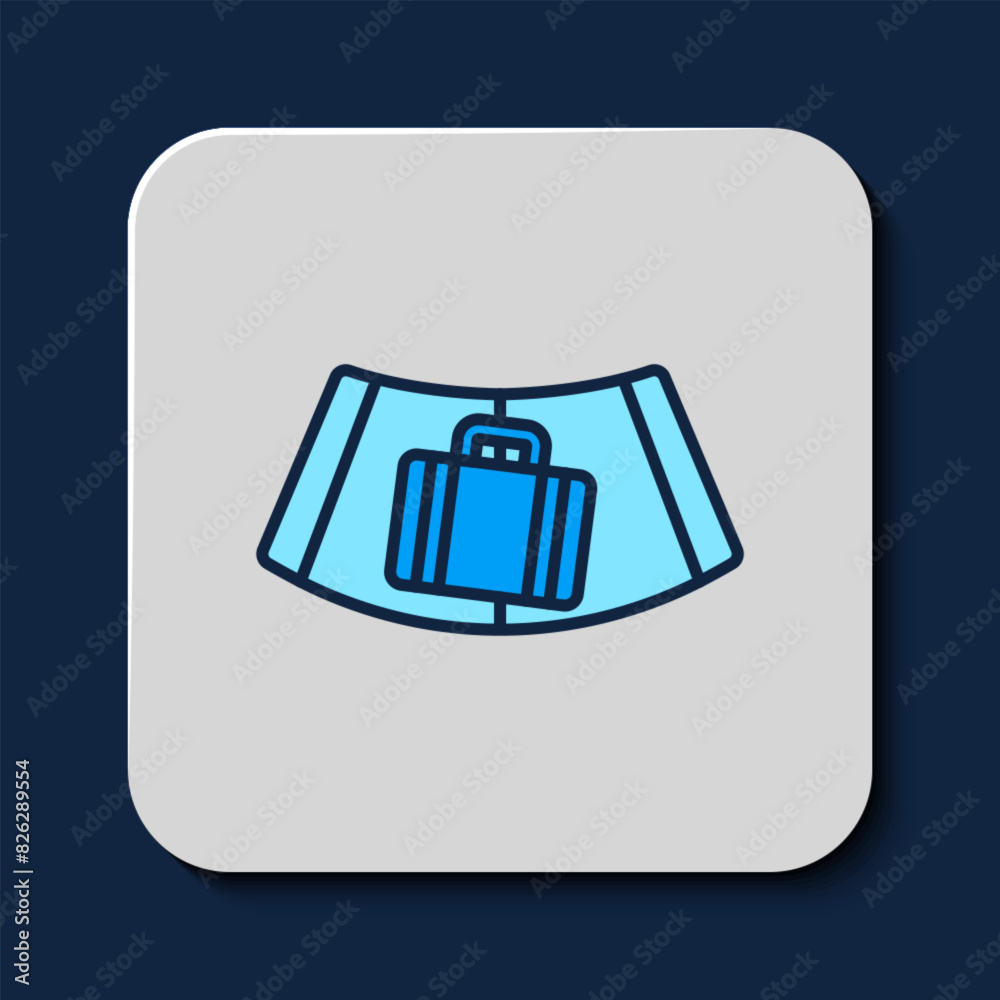 Filled outline Airport conveyor belt with passenger luggage, suitcase, bag, baggage icon isolated on blue background. Vector
