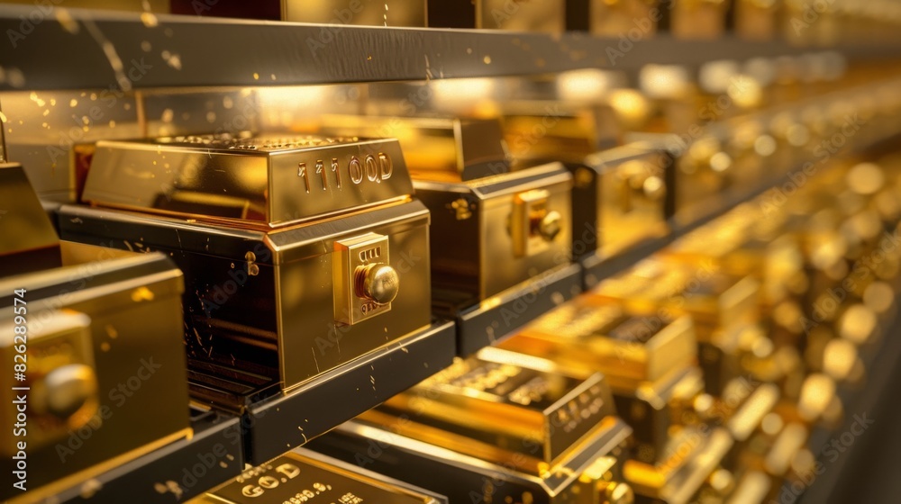 Rows of shiny gold bars are neatly stored in secure vaults within a bank, demonstrating wealth and security. Rows of shiny gold bars are neatly stored in secure vaults within a bank, demonstrating wealth and security.