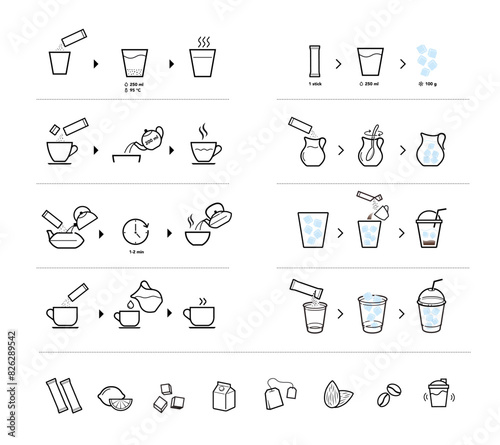 Set of methods of brewing tea, coffee and cold drinks. Preparation instructions. Vector elements for infographics. Set of sign for detailed guideline. Ready for your design. EPS10.