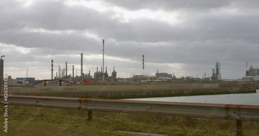 Dunkirk, France - A View of the Industrial Port on a Cloudy Afternoon - Wide Shot Dunkirk, France - A View of the Industrial Port on a Cloudy Afternoon - Wide Shot