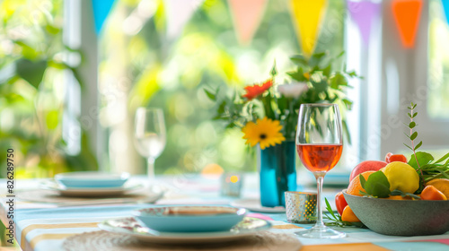 A vibrant table setting for a celebration with plates, wine glass, and fresh fruit amidst party decorations