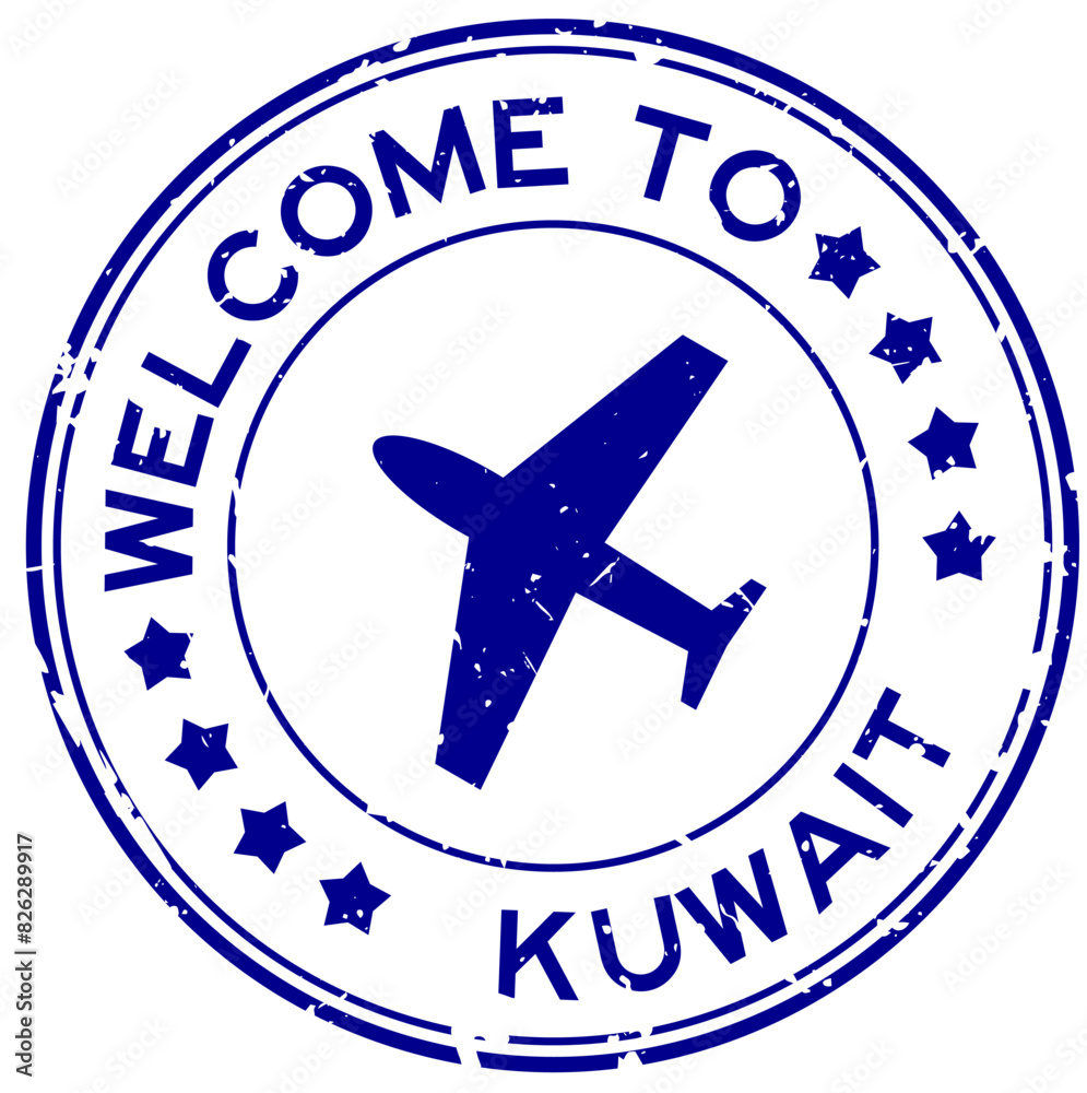 Grunge blue welcome to kuwait word with plane icon round rubber seal stamp on white background Grunge blue welcome to kuwait word with plane icon round rubber seal stamp on white background