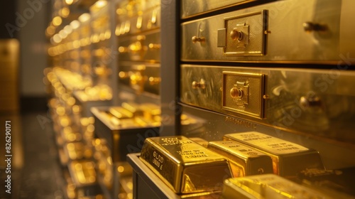 Rows of gold bars and shiny safety deposit boxes in a secure vault room under bright lights, showcasing wealth and security.