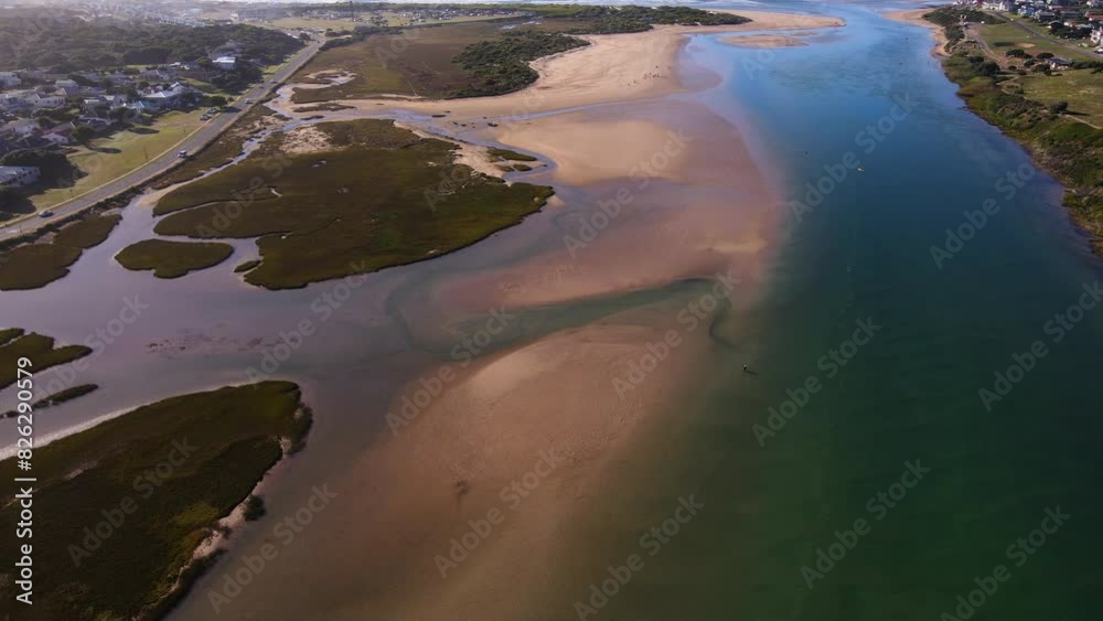 Drone flight over Goukou estuary shows clear water and sand banks, Still Bay Drone flight over Goukou estuary shows clear water and sand banks, Still Bay
