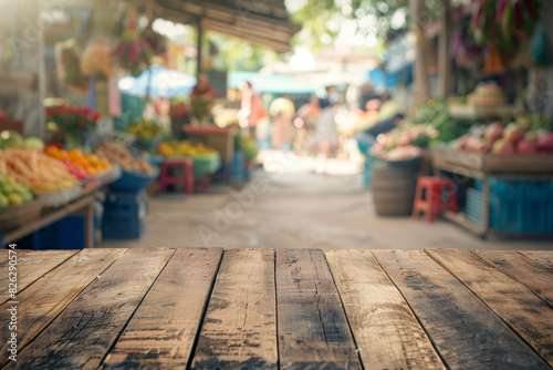 A wooden stall in the foreground with a blurred background of an open-air market. The background includes various vendors selling fresh produce, flowers, and handmade goods. © grey