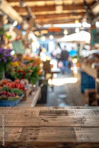 A wooden stall in the foreground with a blurred background of an open-air market. The background includes various vendors selling fresh produce  flowers  and handmade goods.