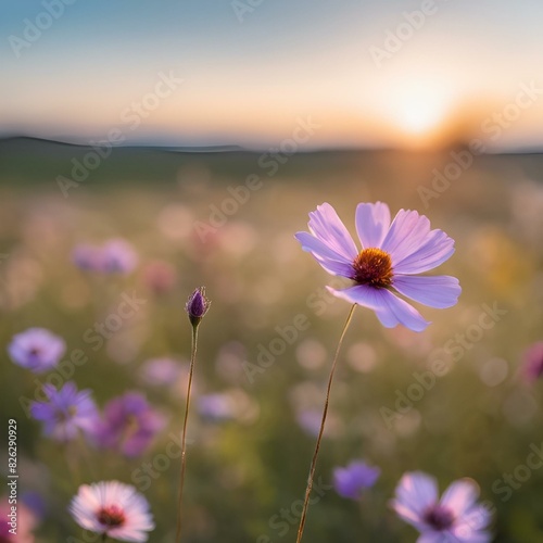 AI generated illustration of a purple flower in a sunlit field under a blue sky