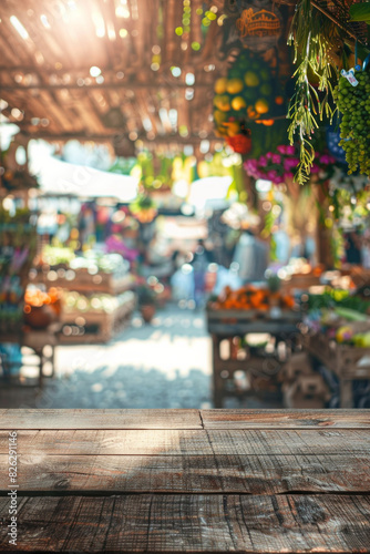 A wooden stall in the foreground with a blurred background of an open-air market. The background includes various vendors selling fresh produce, flowers, and handmade goods. © grey