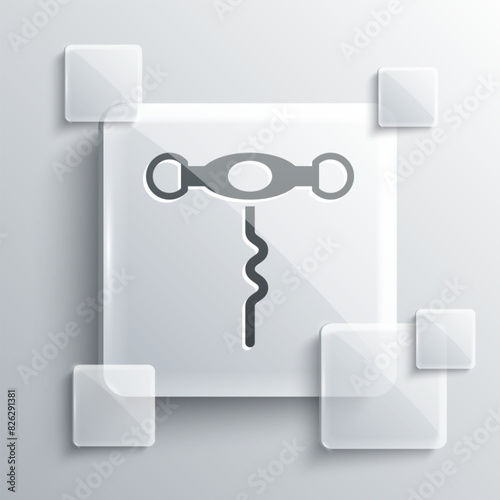 Grey Wine corkscrew icon isolated on grey background. Square glass panels. Vector photo