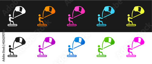 Set Kitesurfing icon isolated on black and white background. Vector