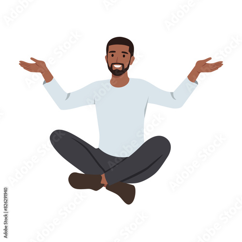 Young executive man sitting relaxed with a friendly invite someone came. Flat vector illustration isolated on white background