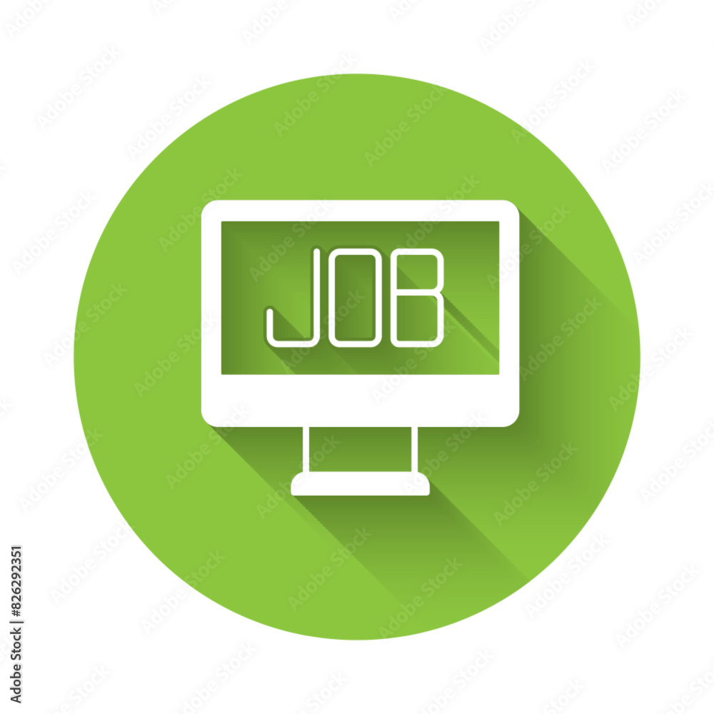 White Search job icon isolated with long shadow background. Recruitment or selection concept. Human resource and recruitment for business. Green circle button. Vector