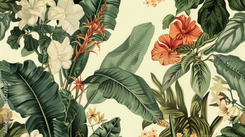 Retro pattern with tropical leaves and flowers