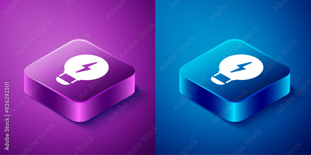Isometric Creative lamp light idea icon isolated on blue and purple background. Concept ideas inspiration, invention, effective thinking, knowledge and education. Square button. Vector Isometric Creative lamp light idea icon isolated on blue and purple background. Concept ideas inspiration, invention, effective thinking, knowledge and education. Square button. Vector