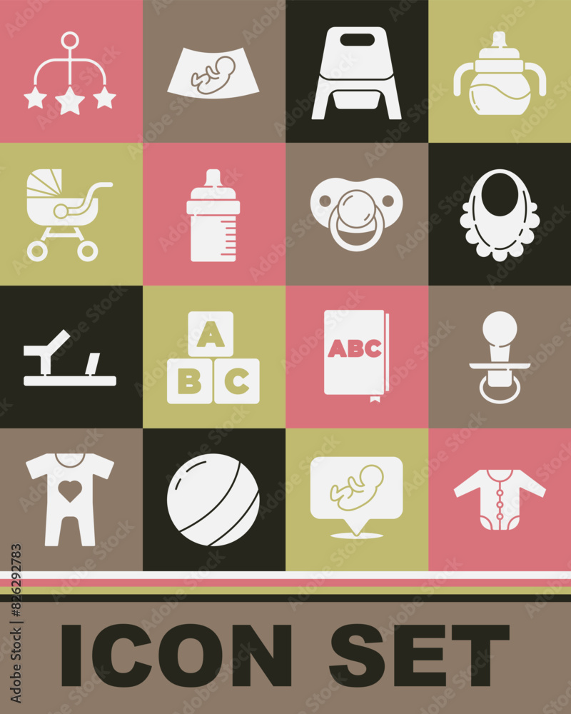 Set Baby clothes, dummy pacifier, bib, potty, bottle, stroller, crib hanging toys and icon. Vector Set Baby clothes, dummy pacifier, bib, potty, bottle, stroller, crib hanging toys and icon. Vector