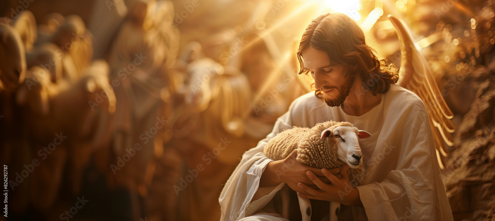 a of Jesus Christ cradling a lost sheep in his arms, with an angelic ...