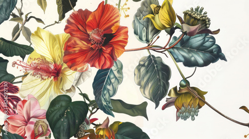 Vintage botanical illustration featuring many blooming flowers intertwined with lush foliage