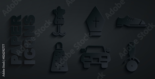 Set Car, Men shoes, Grater, Pizza knife, Pope hat and Mannequin icon. Vector