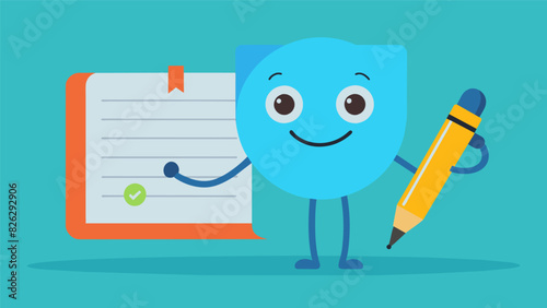 An animated journal character with a smiley face and a pen for a hand reminding its owner to take a moment to write down things they are grateful for. Vector illustration