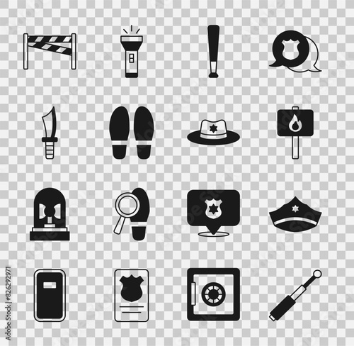Set Telescopic baton, Police cap with cockade, Protest, Baseball, Footsteps, Military knife, Crime scene and Sheriff hat badge icon. Vector
