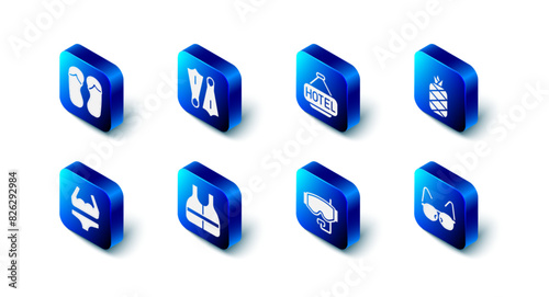 Set Rubber flippers for swimming, Signboard with text Hotel, Pineapple, Glasses, Diving mask, Life jacket, Swimsuit and Flip flops icon. Vector