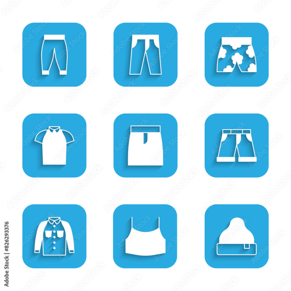 Set Skirt, Female crop top, Beanie hat, Short or pants, Shirt, Polo shirt, Swimming trunks and Pants icon. Vector Set Skirt, Female crop top, Beanie hat, Short or pants, Shirt, Polo shirt, Swimming trunks and Pants icon. Vector