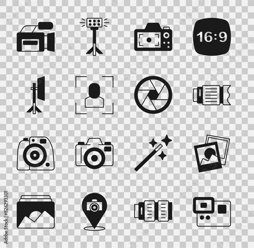Set Action extreme camera, Photo frame, Camera photo lens, focus line, Studio light bulb softbox, Cinema and shutter icon. Vector