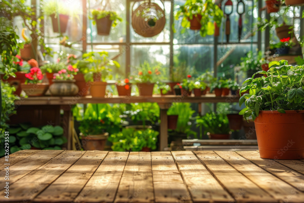 Obraz premium A wooden potting bench in the foreground with a blurred background of a botanical greenhouse. The background includes various potted plants, hanging flowers, gardening tools, and large glass windows