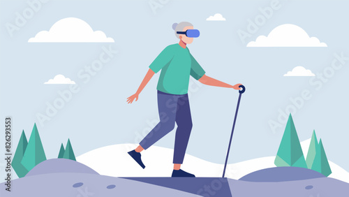 A virtual reality simulation of walking on uneven terrain aiding seniors in improving their balance and stability.. Vector illustration