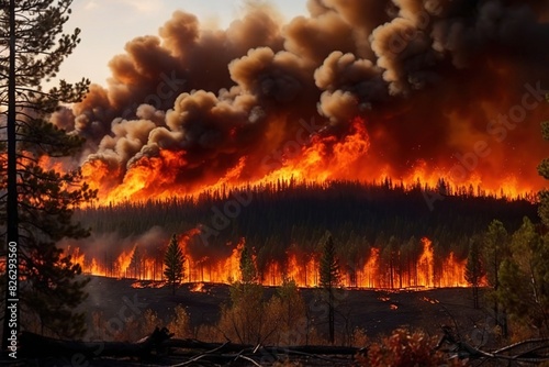 Forest fire, wildfire landscape natural disaster catastrophe, with smoke and flames
