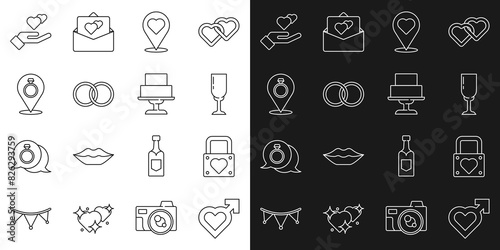 Set line Heart with male gender  Lock and heart  Glass of champagne  Location  Wedding rings  hand and cake icon. Vector
