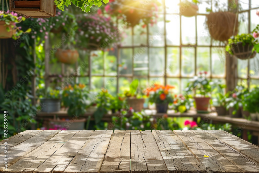 A wooden potting bench in the foreground with a blurred background of a botanical greenhouse. The background includes various potted plants, hanging flowers, gardening tools, and large glass windows