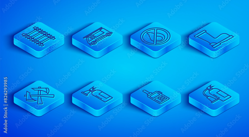 Set line Fire escape, truck, No fire, extinguisher, Walkie talkie, boots, Firefighter axe and icon. Vector Set line Fire escape, truck, No fire, extinguisher, Walkie talkie, boots, Firefighter axe and icon. Vector