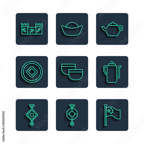 Set line Chinese paper lantern, China flag on flagpole, tea ceremony, Yuan currency, Great wall of and icon. Vector