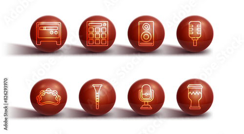 Set line Guitar amplifier, Tambourine, Microphone, Clarinet, Drum machine, and Stereo speaker icon. Vector