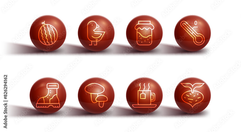 Set line Watermelon, Waterproof rubber boot, Meteorology thermometer, Cup tea with tea bag, Mushroom, Little chick, Beet and Jam jar icon. Vector Set line Watermelon, Waterproof rubber boot, Meteorology thermometer, Cup tea with tea bag, Mushroom, Little chick, Beet and Jam jar icon. Vector