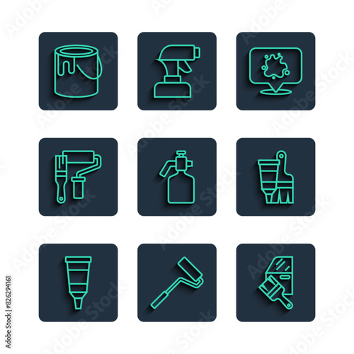 Set line Tube with paint palette, Paint roller brush, Car painting, spray, gun, bucket and and icon. Vector