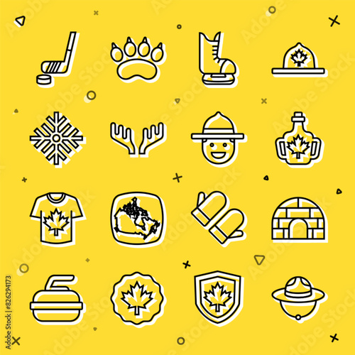 Set line Canadian ranger hat, Igloo ice house, Bottle of maple syrup, Skates, Deer antlers, Snowflake, Ice hockey stick and puck and icon. Vector
