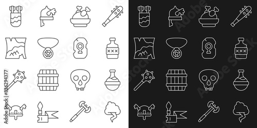 Set line Cloud and lightning  Bottle with potion  Whiskey bottle  Roasted turkey or chicken  Necklace gem  Folded map  Quiver arrows and Magic rune icon. Vector